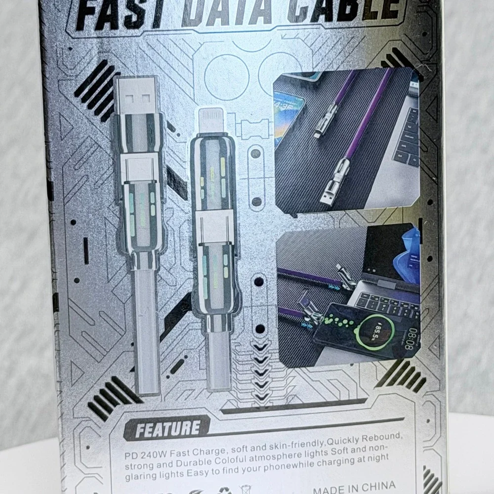 240W 2-in-2 Fast Data Cable PD Fast Charge USB-C to USB-C Lightning Purple LED